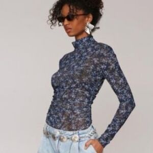 AVEC LES FILLES Mesh Navy Floral Mock-Neck Long Sleeve Top SMALL
